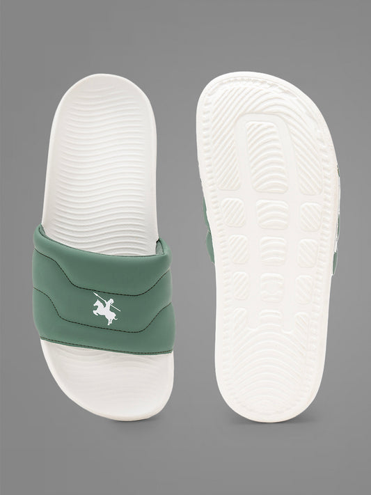 Men's White & Green Casual Colourblock Slider