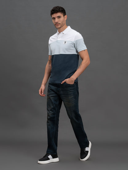 Men's Sky Blue Regular Fit Colourblocked Half Sleeve Casual T-Shirt