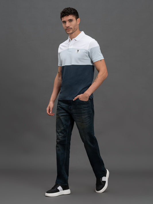 Men's Sky Blue Regular Fit Colourblocked Half Sleeve Casual T-Shirt