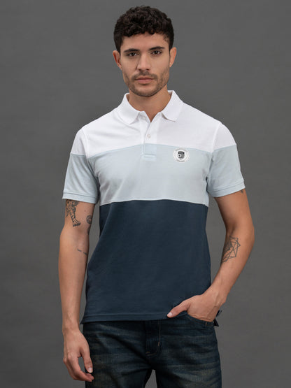 Men's Sky Blue Regular Fit Colourblocked Half Sleeve Casual T-Shirt