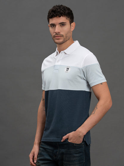 Men's Sky Blue Regular Fit Colourblocked Half Sleeve Casual T-Shirt