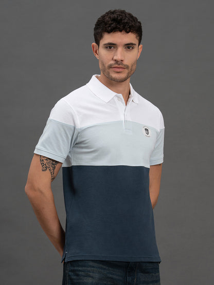 Men's Sky Blue Regular Fit Colourblocked Half Sleeve Casual T-Shirt