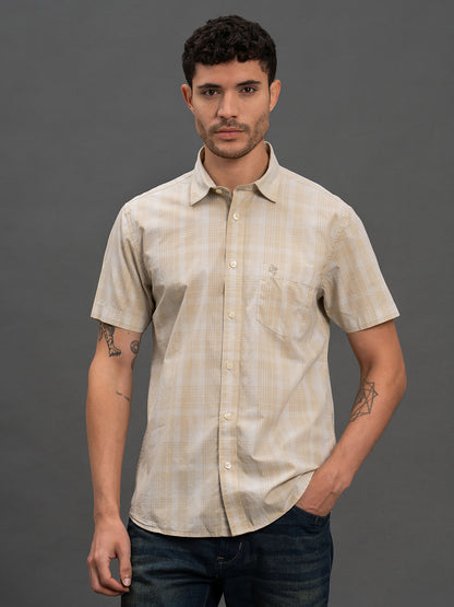 Men's Fawn Slim Fit Checkered Half Sleeve Casual Shirt