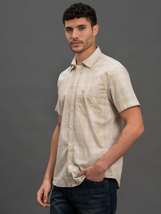 Men's Fawn Slim Fit Checkered Half Sleeve Casual Shirt