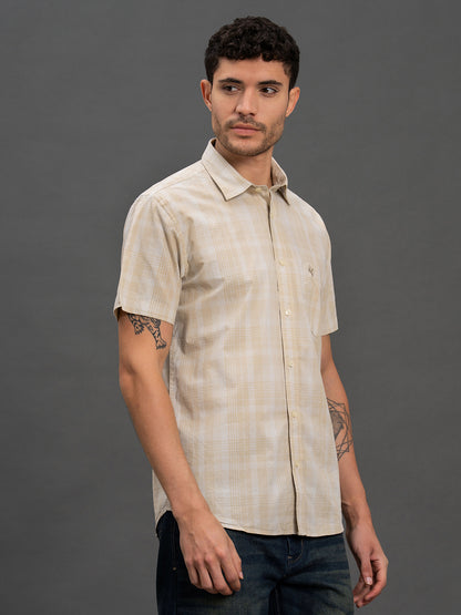Men's Fawn Slim Fit Checkered Half Sleeve Casual Shirt