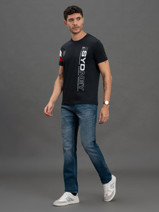 Men's Navy Regular Fit Printed Half Sleeve Casual T-Shirt