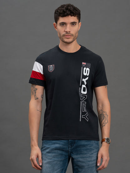 Men's Navy Regular Fit Printed Half Sleeve Casual T-Shirt