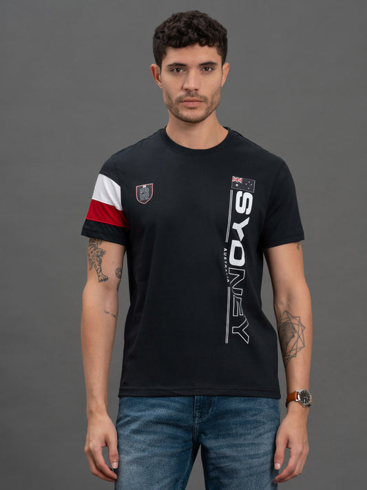 Men's Navy Regular Fit Printed Half Sleeve Casual T-Shirt