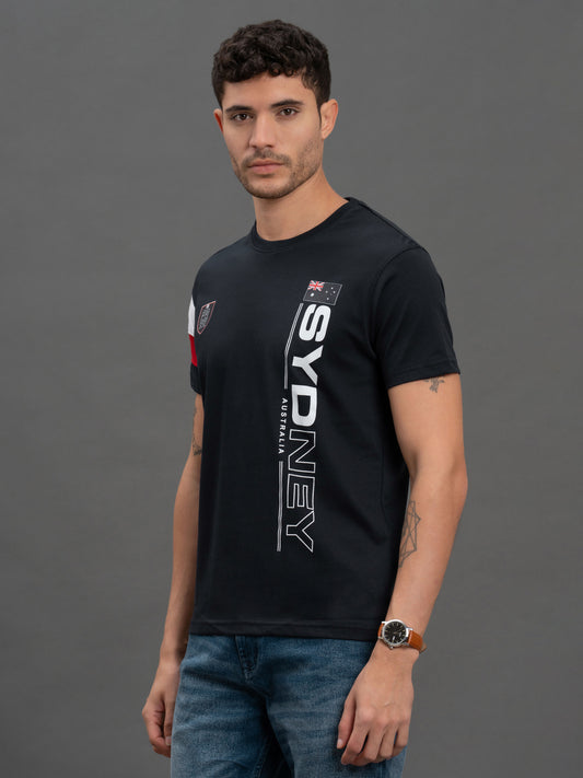 Men's Navy Regular Fit Printed Half Sleeve Casual T-Shirt