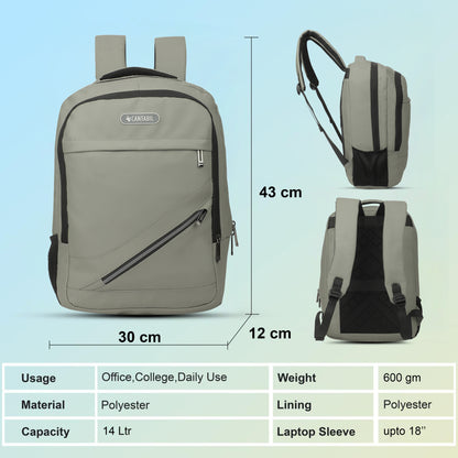 Cantabil 14 Litre Laptop Backpack Upto 18 inchs Laptop for School, Office, College & Travel Bag for Men and Women (Grey) | 4 Compartments, Side Pocket, Padded Shoulder Strap, Smooth-Glide Zippers