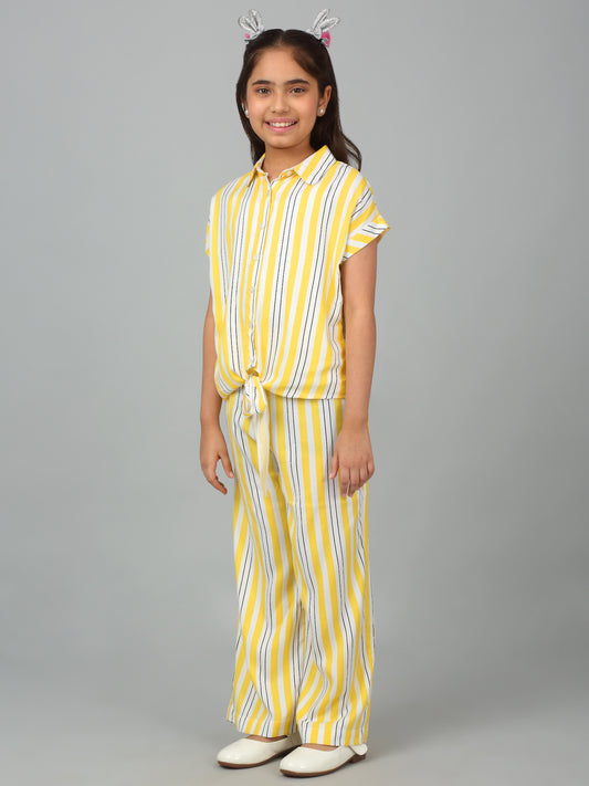 Girls Yellow Striped Casual Co-Ord Set