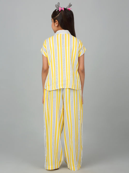 Girls Yellow Striped Casual Co-Ord Set