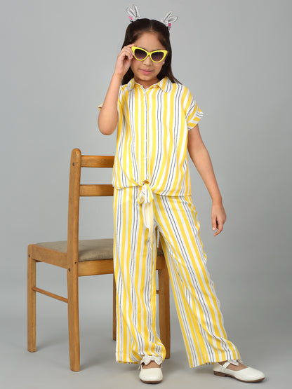 Girls Yellow Striped Casual Co-Ord Set