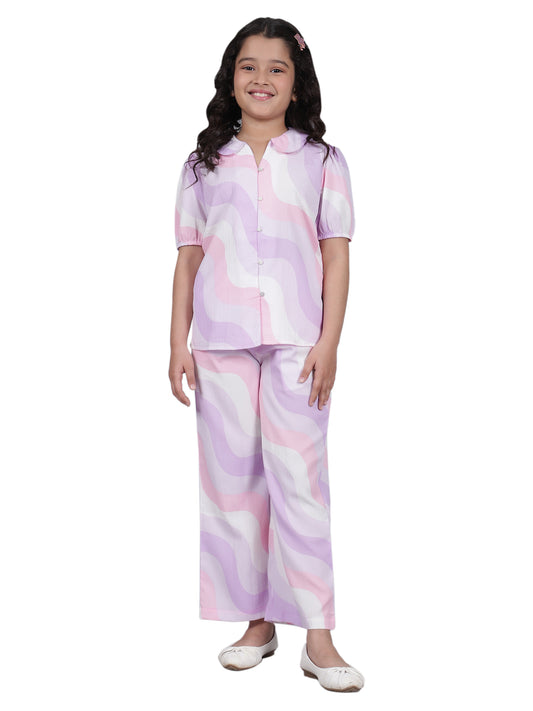 Girls Printed Purple Crew Neck Half Sleeves Casual Co-ord-set