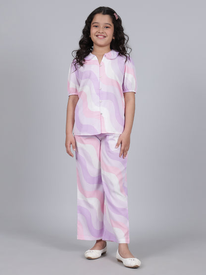 Girls Printed Purple Crew Neck Half Sleeves Casual Co-ord-set