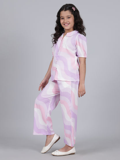 Girls Printed Purple Crew Neck Half Sleeves Casual Co-ord-set