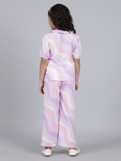 Girls Printed Purple Crew Neck Half Sleeves Casual Co-ord-set