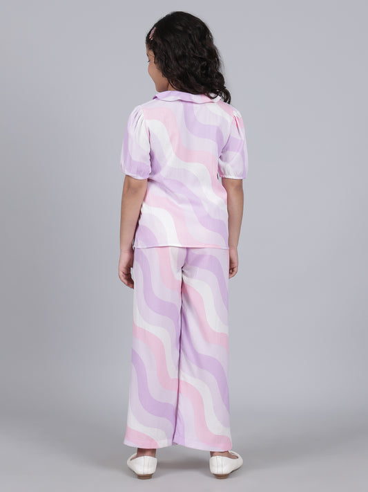 Girls Printed Purple Crew Neck Half Sleeves Casual Co-ord-set