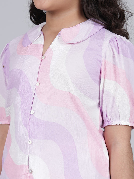 Girls Printed Purple Crew Neck Half Sleeves Casual Co-ord-set