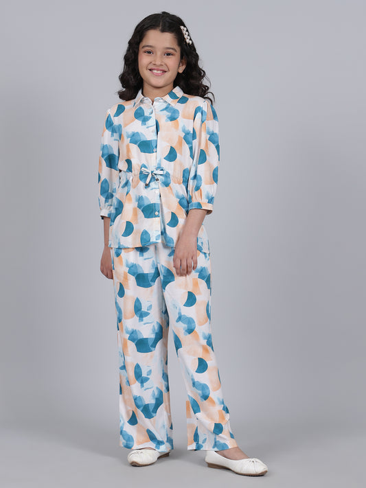 Girls Printed Blue Shirt Collar Half Sleeves Casual Co-ord-set