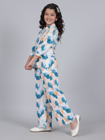 Girls Printed Blue Shirt Collar Half Sleeves Casual Co-ord-set