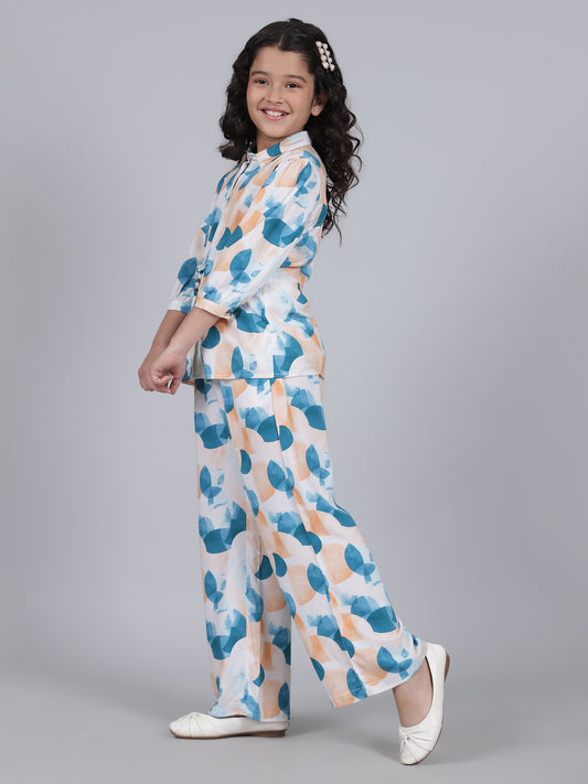 Girls Printed Blue Shirt Collar Half Sleeves Casual Co-ord-set