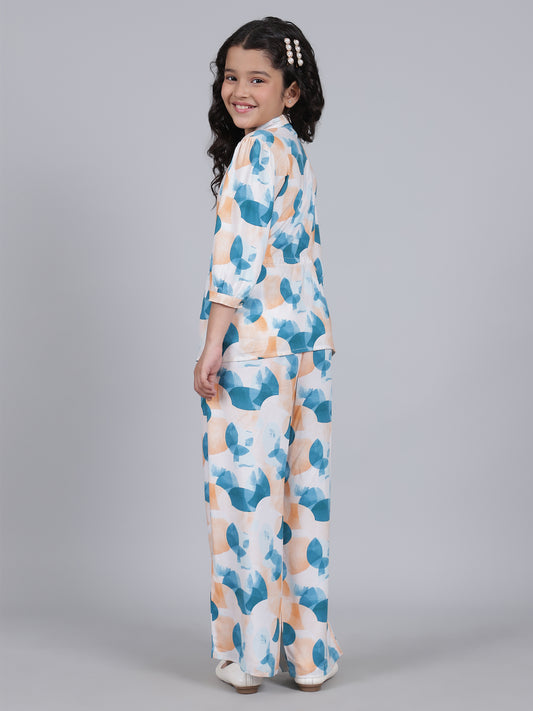 Girls Printed Blue Shirt Collar Half Sleeves Casual Co-ord-set