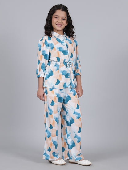 Girls Printed Blue Shirt Collar Half Sleeves Casual Co-ord-set