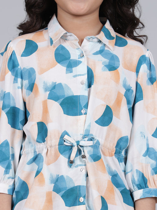 Girls Printed Blue Shirt Collar Half Sleeves Casual Co-ord-set