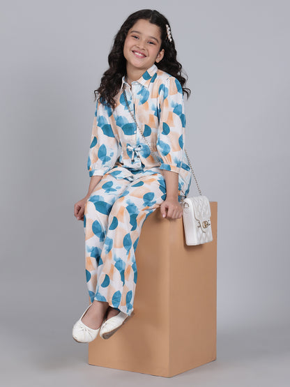 Girls Printed Blue Shirt Collar Half Sleeves Casual Co-ord-set