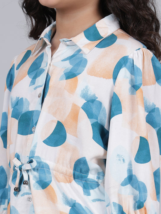 Girls Printed Blue Shirt Collar Half Sleeves Casual Co-ord-set