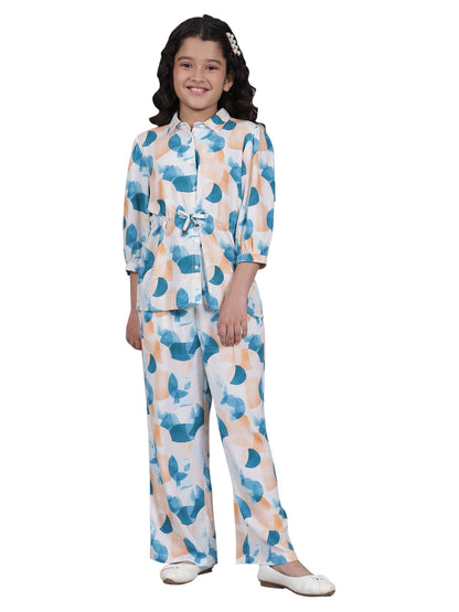 Girls Printed Blue Shirt Collar Half Sleeves Casual Co-ord-set