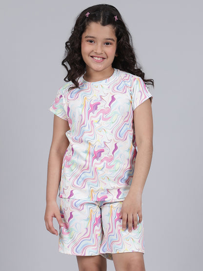 Girls Printed Pink Round Neck Half Sleeves Casual Co-ord-set