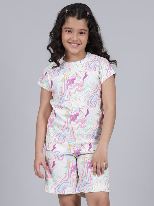 Girls Printed Pink Round Neck Half Sleeves Casual Co-ord-set