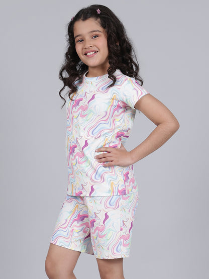 Girls Printed Pink Round Neck Half Sleeves Casual Co-ord-set