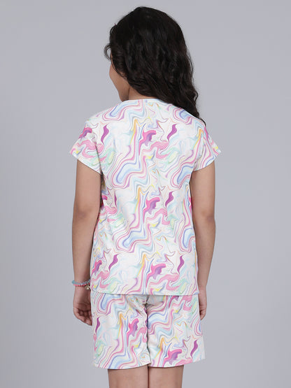Girls Printed Pink Round Neck Half Sleeves Casual Co-ord-set