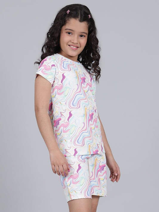 Girls Printed Pink Round Neck Half Sleeves Casual Co-ord-set