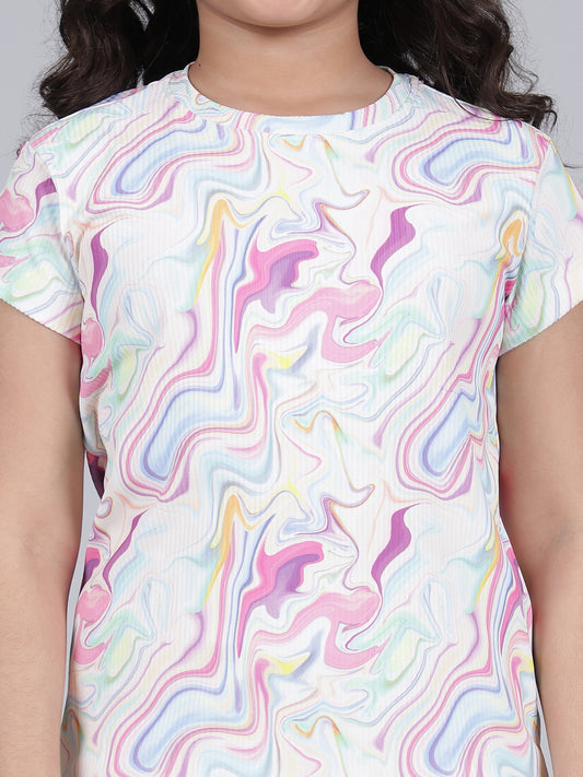 Girls Printed Pink Round Neck Half Sleeves Casual Co-ord-set