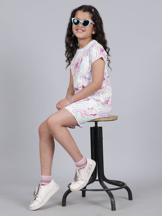 Girls Printed Pink Round Neck Half Sleeves Casual Co-ord-set