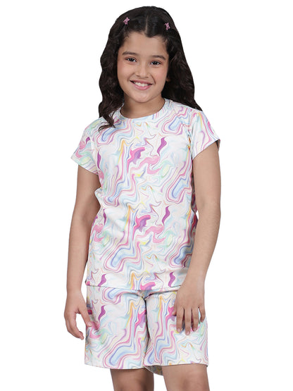 Girls Printed Pink Round Neck Half Sleeves Casual Co-ord-set