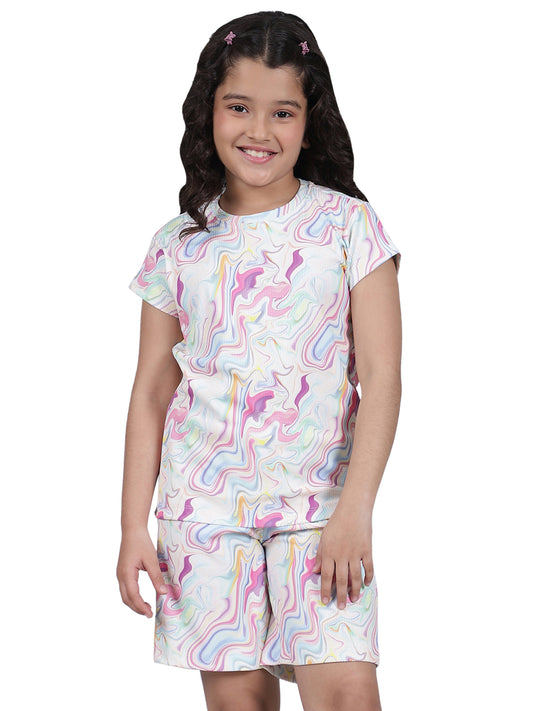 Girls Printed Pink Round Neck Half Sleeves Casual Co-ord-set