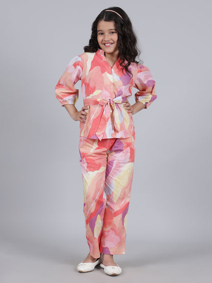 Girls Printed Multi Mandarin Collar 3/4th Sleeves Casual Co-ord-set