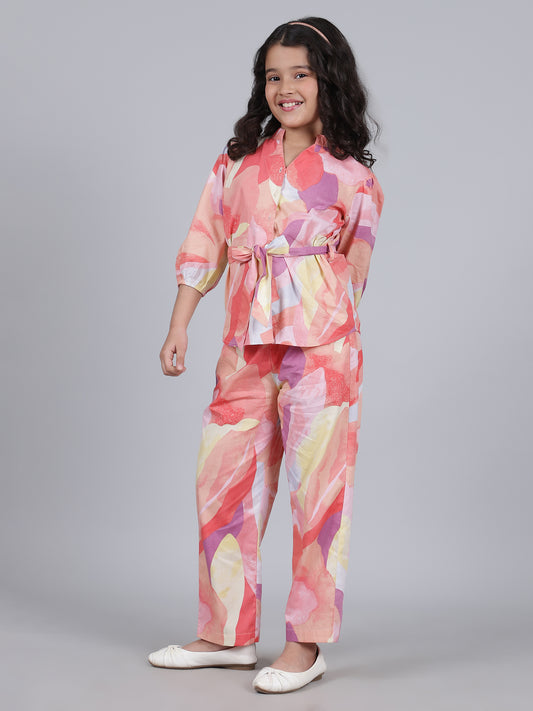 Girls Printed Multi Mandarin Collar 3/4th Sleeves Casual Co-ord-set