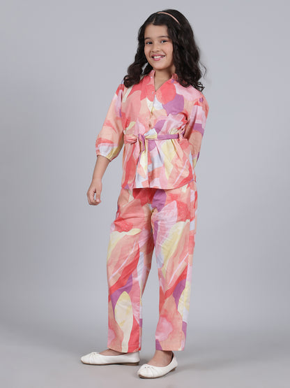 Girls Printed Multi Mandarin Collar 3/4th Sleeves Casual Co-ord-set