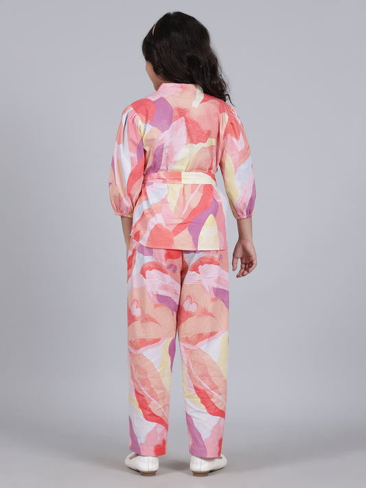 Girls Printed Multi Mandarin Collar 3/4th Sleeves Casual Co-ord-set