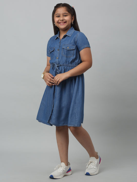 Girls Cotton Solid Shirt Collar Short Sleeves Fit and Indigo Blue Casual Dress