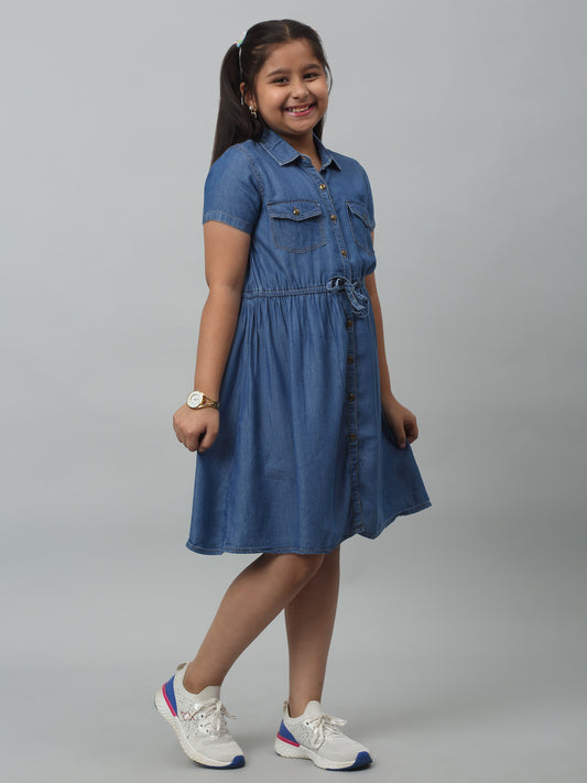 Girls Cotton Solid Shirt Collar Short Sleeves Fit and Indigo Blue Casual Dress