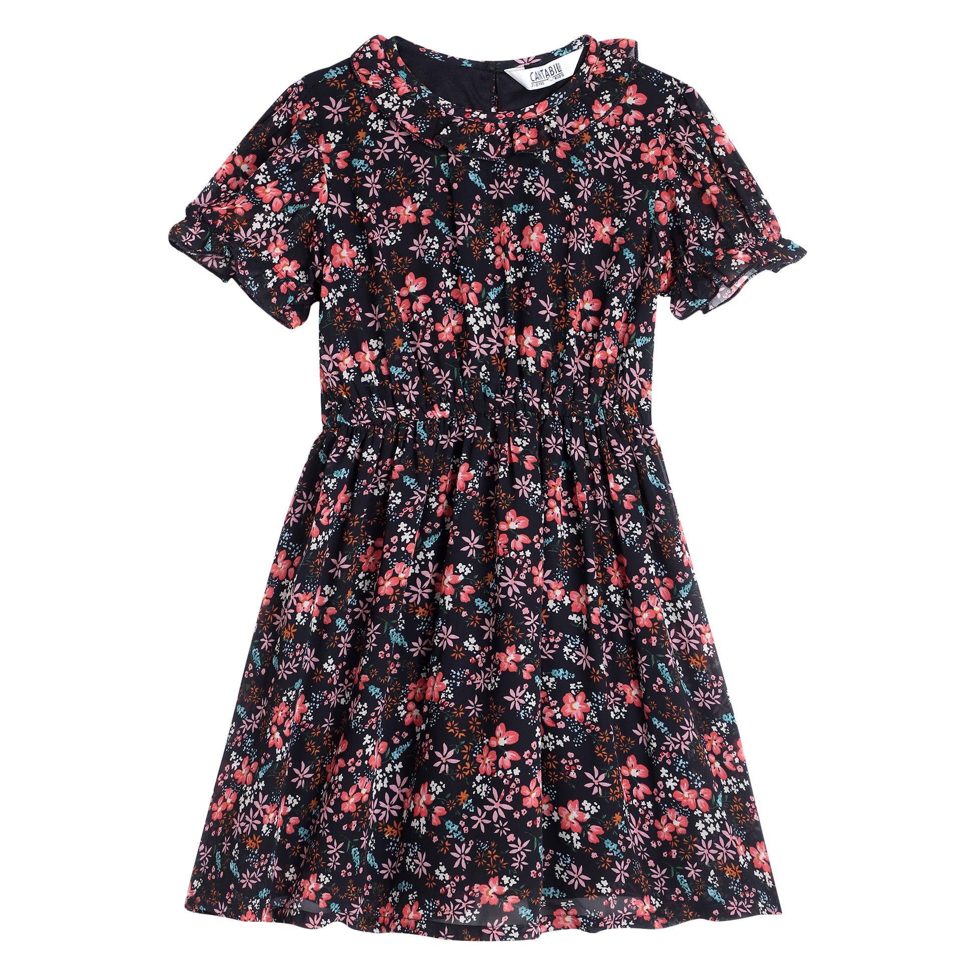 Cantabil Girls Black Floral Printed Half Sleeves Casual Dress (7153863753867)