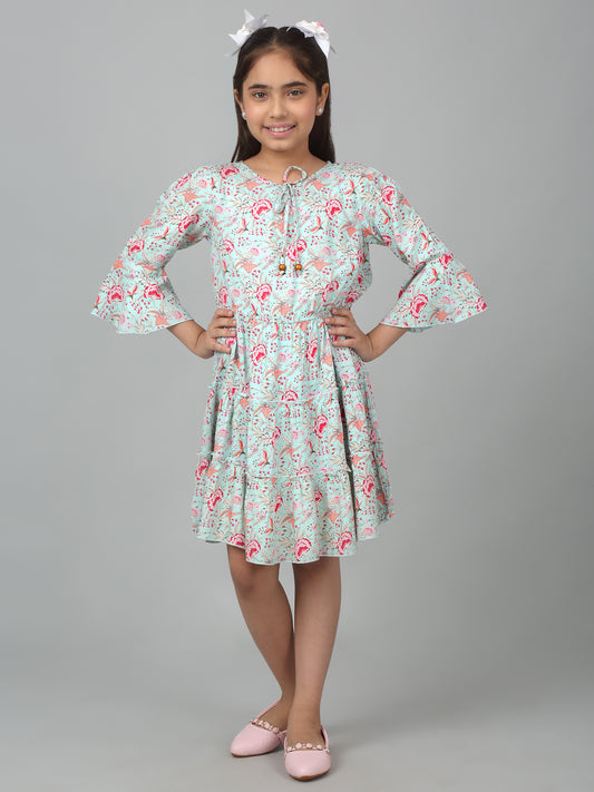 Girl's Multicolor Knee Length Floral Printed Dress