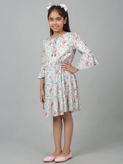 Girl's Multicolor Knee Length Floral Printed Dress